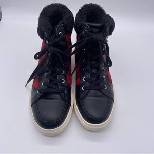 MARC FISHER Fellow Womens Red Black Check Laced Up Ankle Sneaker Size 8.5 M